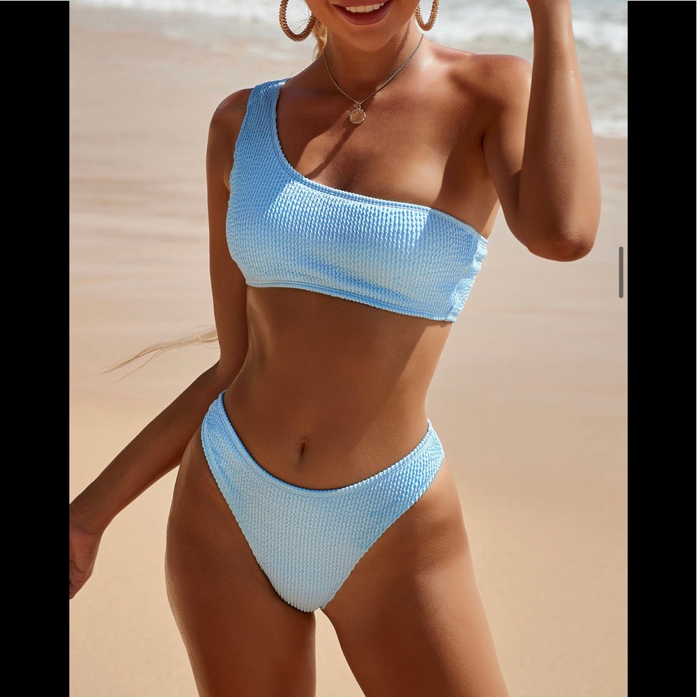 (Last 2)! YT2 style - One shoulder two piece high waist bikini swimsuit in blue. - Picture 5 of 6